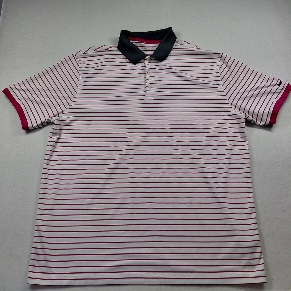 Nike Dri-FIT Polo Shirt Mens XL pink White Striped Short Sleeve Golf Performance